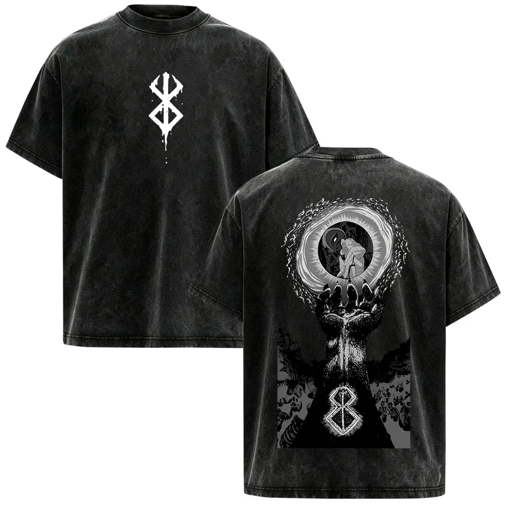 Anime Berserk Guts Griffith Vintage Washed T-Shirts Herren Damen Kleidung Baumwolle Lässiges Oversize Kurzarm-T-Shirt Streetwear – Detail 2