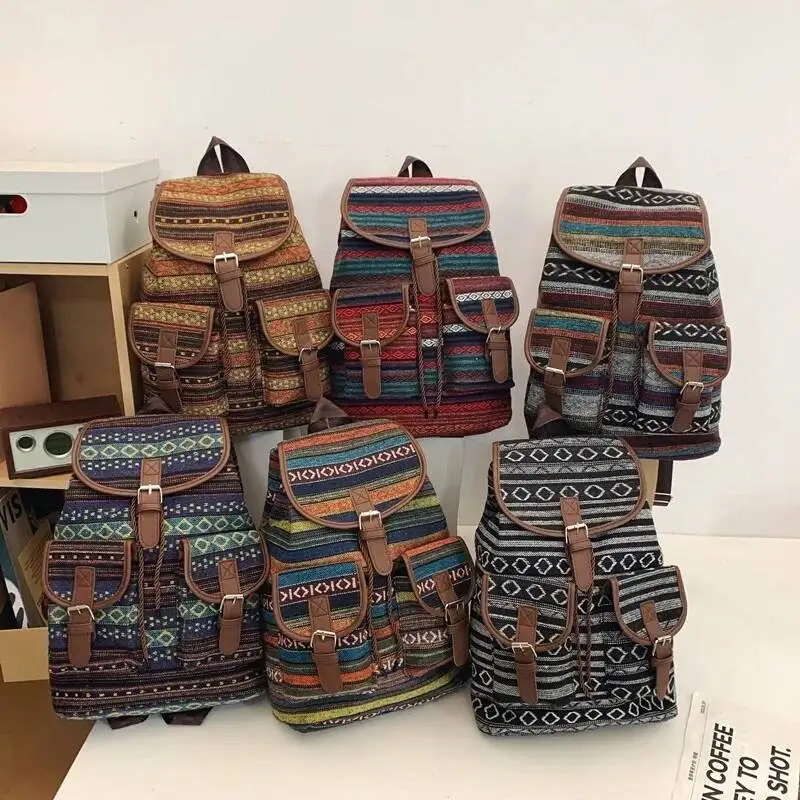 

Новинка 2025 года, сумки на плечо большой емкости с цветными блоками, персонализированный рюкзак в этническом стиле для женщин, прочная холщовая сумка