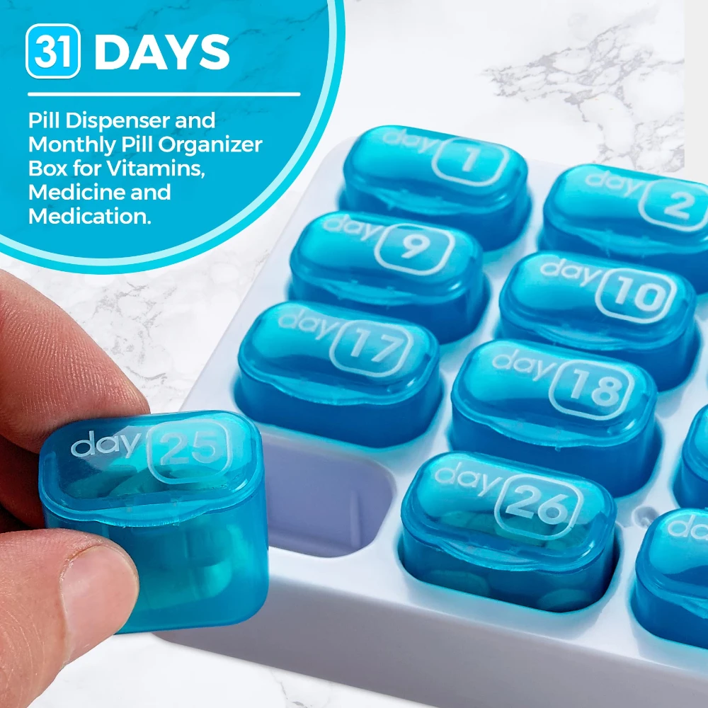 AM/PM 31 Day Monthly Pill Organizer Holder with Removable Medication Pods for Daily Medicine and Vitamins, Great for Travel