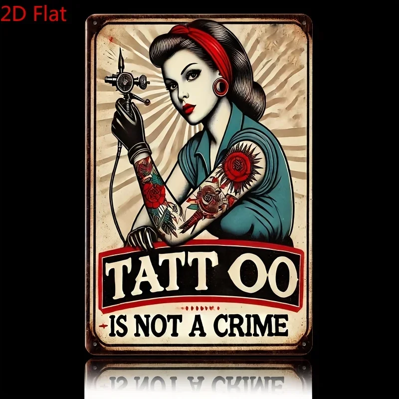 2D Flat Retro Tattoo Metal Wall Decoration 8.0X 12.0inch “Tattoos Are Not a Crime” Sign, Featuring a Striking Red Lipstick and Tattoo Design