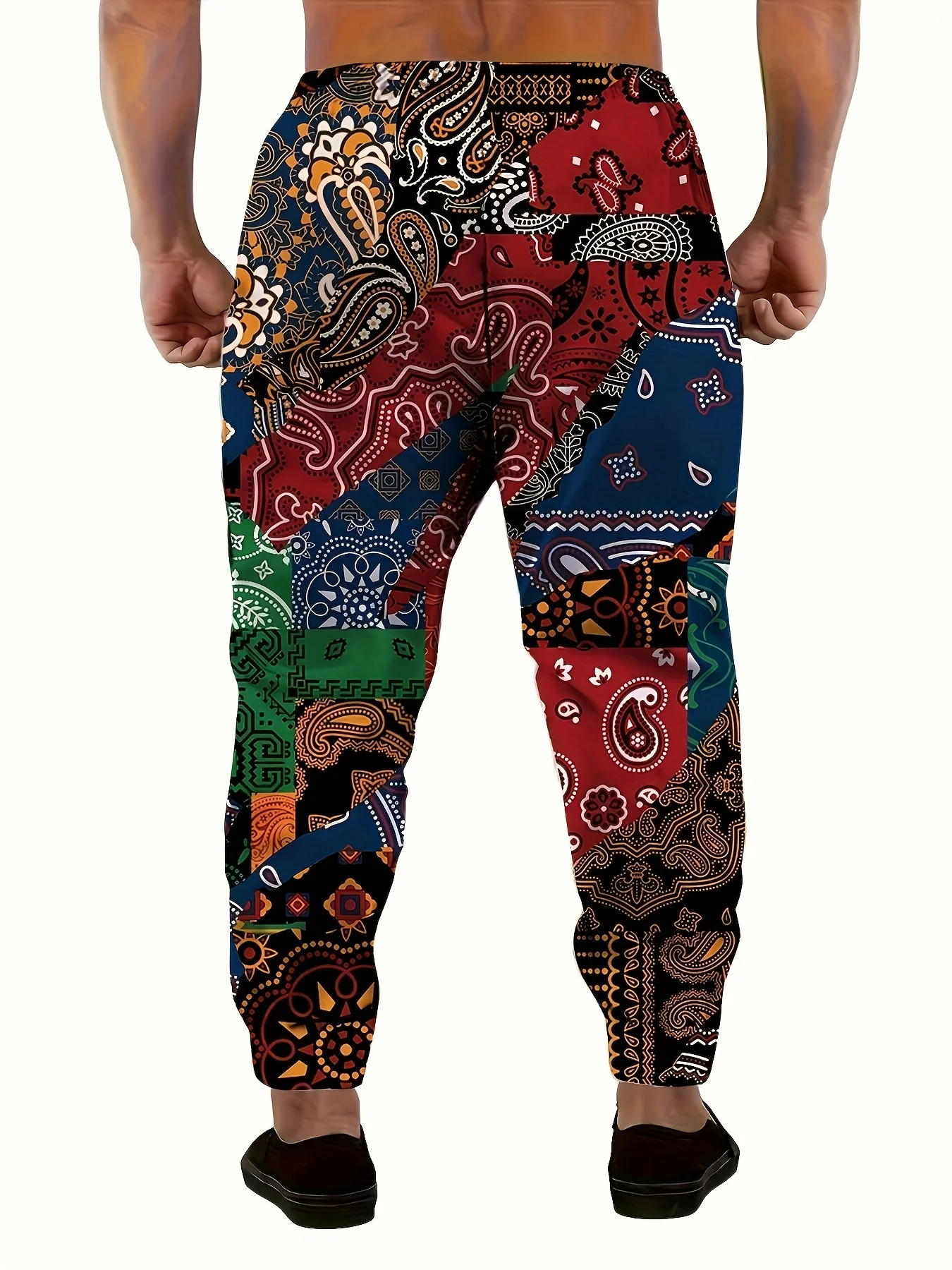 ريترو باندانا يطبع الشارع السراويل الرجال جيوب جانبية مطاطا الرباط Sweatpants ركض السراويل للرجال بناطيل كاجوال الخريف #3