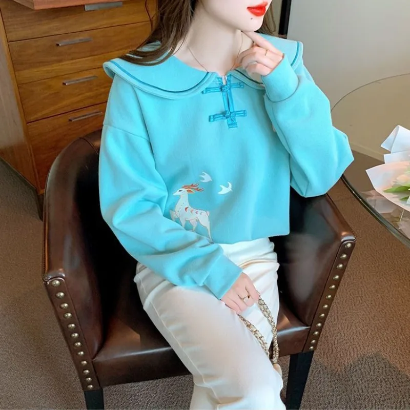 Women\'s Pullover Peter Pan Collar Chinese Style Solid Loose Long Sleeved Cartoon Hoodies 2023 New Popular Autumn and Winter Tops