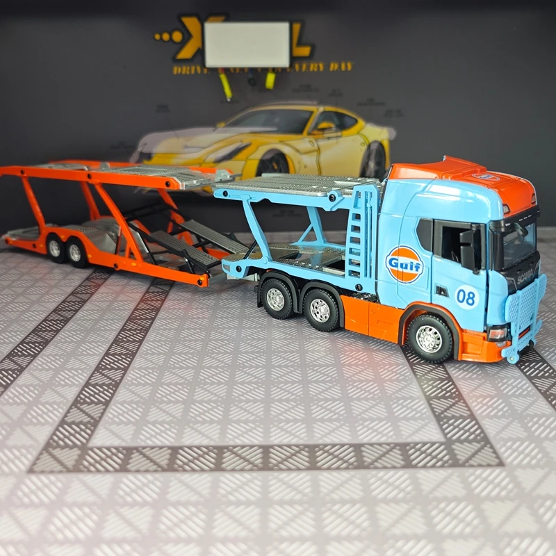 1:50 Full alloy sliding Scania double decker transport vehicle model trailer flatbed truck car model ornament collection