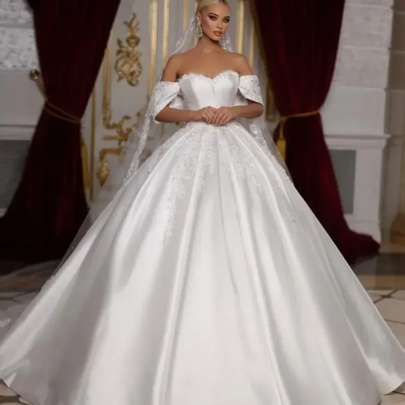 

Изысканное атласное бальное платье с вырезом в форме сердца на шнуровке сзади, с коротким рукавом и бисером, атласное бальное платье, свадебные платья Vestido De Noiva