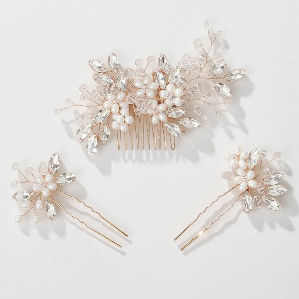 

Elegant Imitation Crystal Pearl Flower Hairpin Comb 3-Piece Set Bridal Hair Accessory for Wedding Party