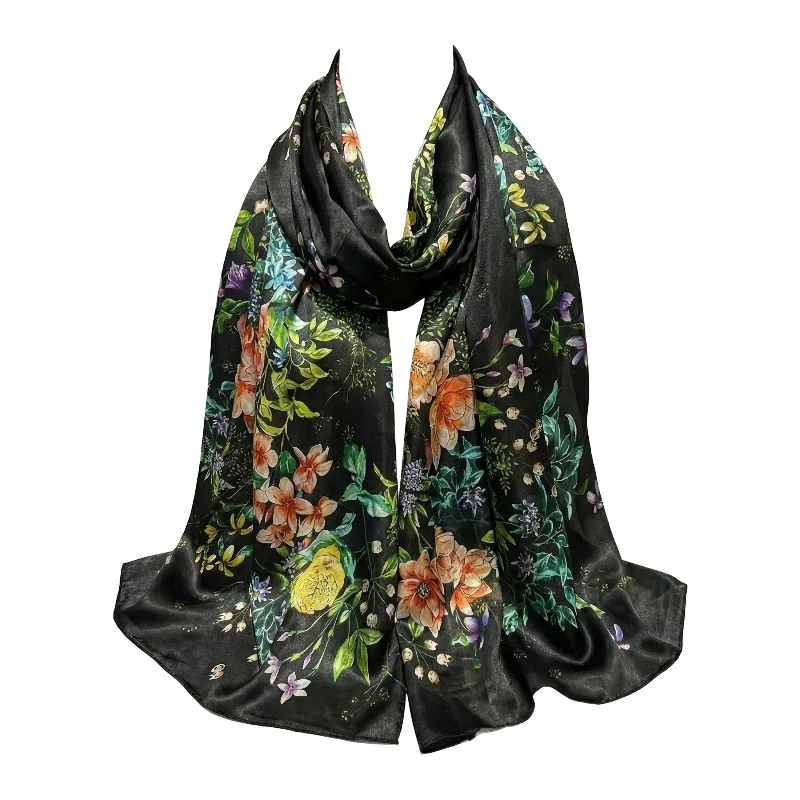 

Lightweight Large 100% Mulberry Silk Scarf for Women Oblong Shawl Neck Scarf Beach Wrap Headscarf Gift Pack Black Floral Print