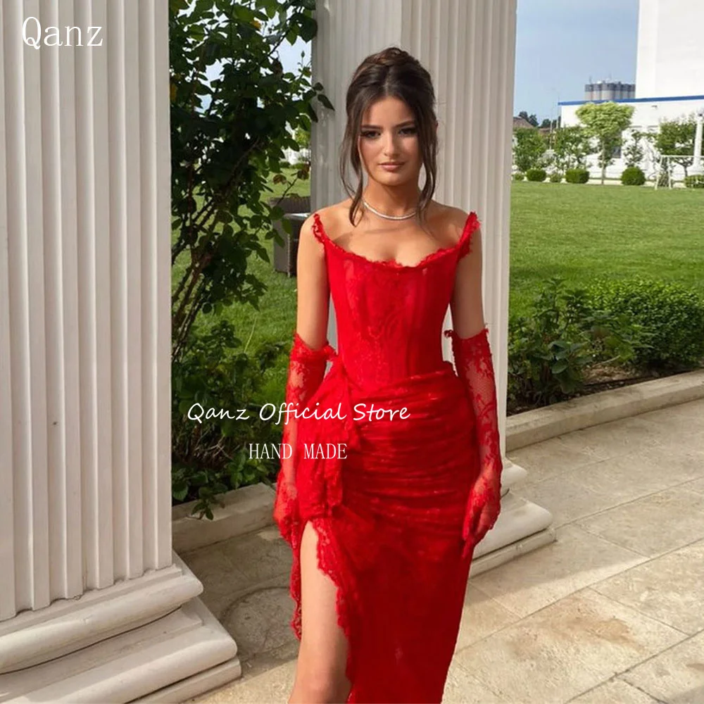 

Qanz Sexy High Leg Slit Evening Dresses Red Full Lace Strapless Mermaid Vestidos De Gala Floor Length Prom Dresses Luxury Gowns