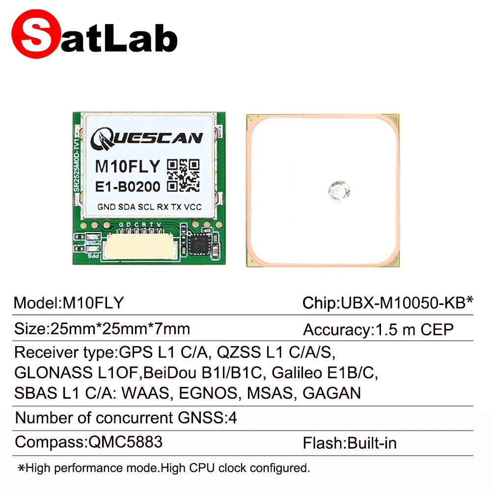 QUESCAN M10FLY 10Hz UBX-M10050-KB M10 GPS GNSS Module with Compass Support GPS Galileo GLONASS BeiDou QZSS SBAS,25mm*25mm