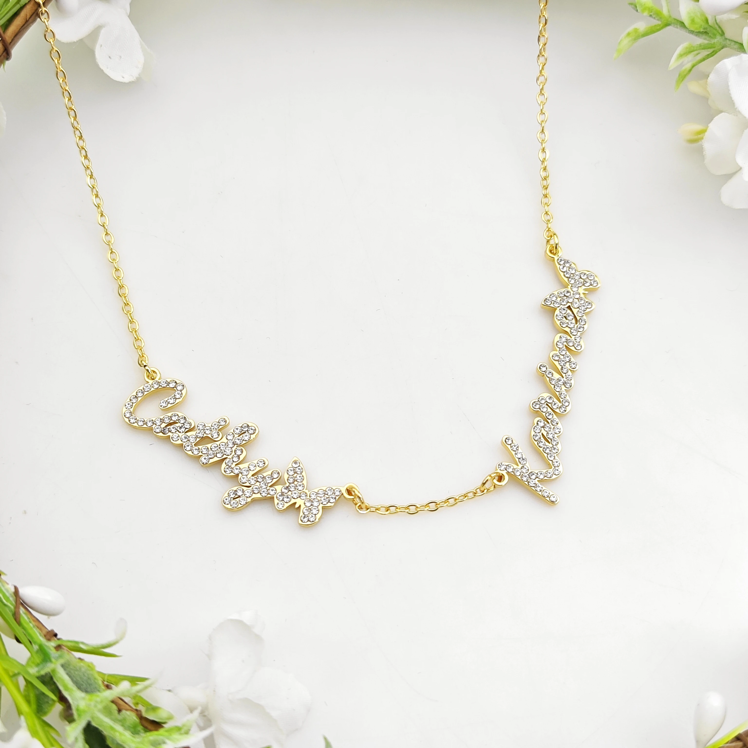 Lateefah Personalized Custom Name Gift Multiple Name Necklace Pave Diamond Butterfly Charm NecklaceNecklace