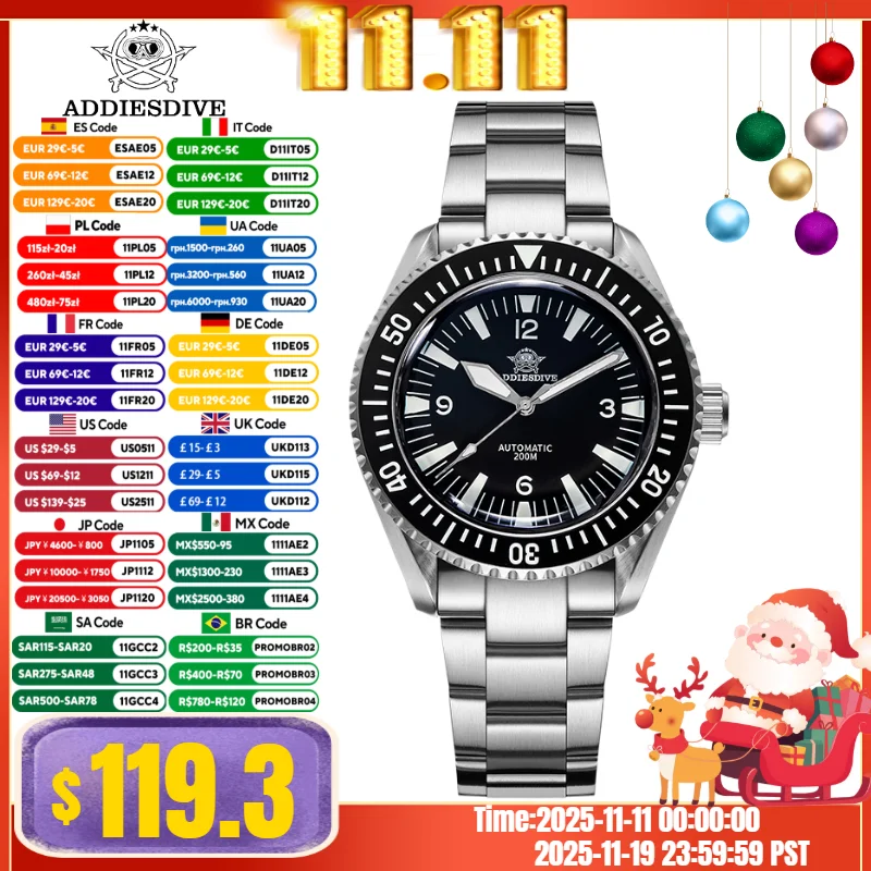 ADDIESDIVE Men's Watch BGW9 Luminous 200M Waterproof  Sapphire Crystal 316L Steel Automatic Mechanical Watches Montre Homme