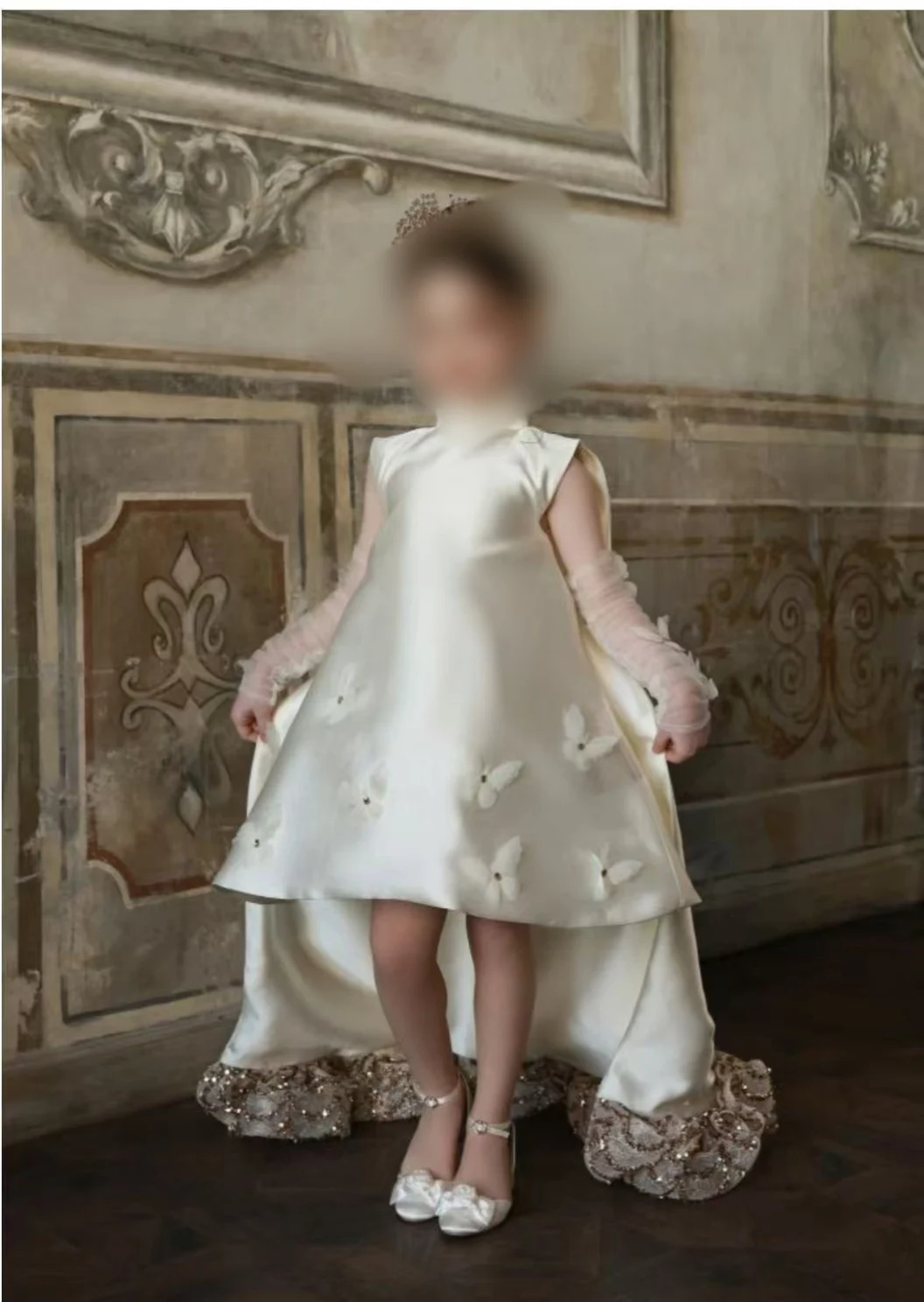 Customized Evening Dress Ivory Satin Flower Girl Dress with 3D Butterfly Appliques, High Neckline, Detachable Train
