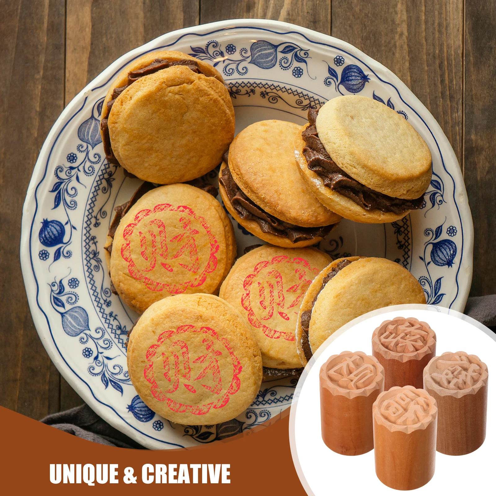

4 Pcs Pastry Stamp Moon Cake Maker Fondant Cookie Wood Mooncake Press Decorating Tools Stamper Mold Supplies