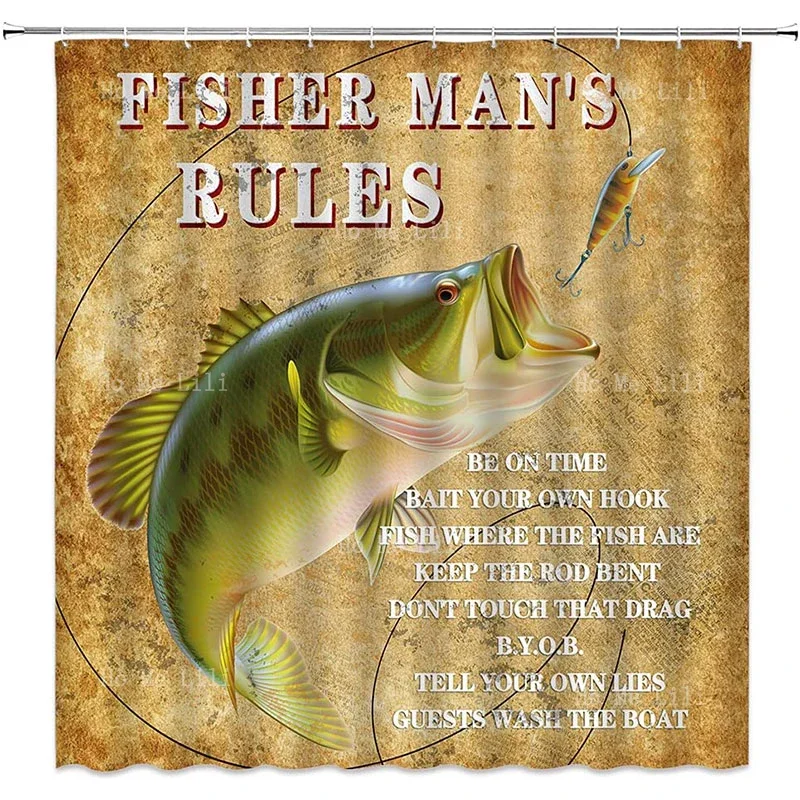 Funny Fisher Mans Rules Bait With Fishing Club Retro Outdoor Adventure Stamp Various Fish Vintage Grunge Style Shower Curtain