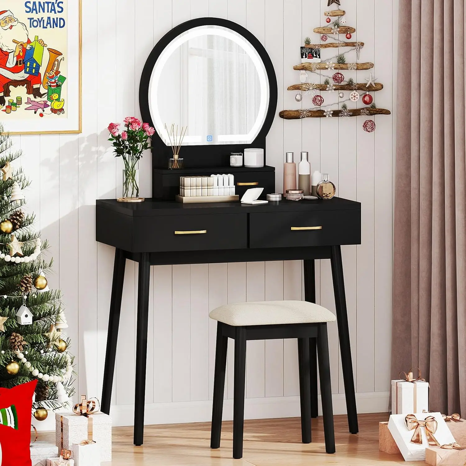 i*-Vanity Desk with Mirror and Lights, Modern Makeup Vanity Table with 4 Drawers, 3-Color Dimmable LED Mirror, Girls, Customized