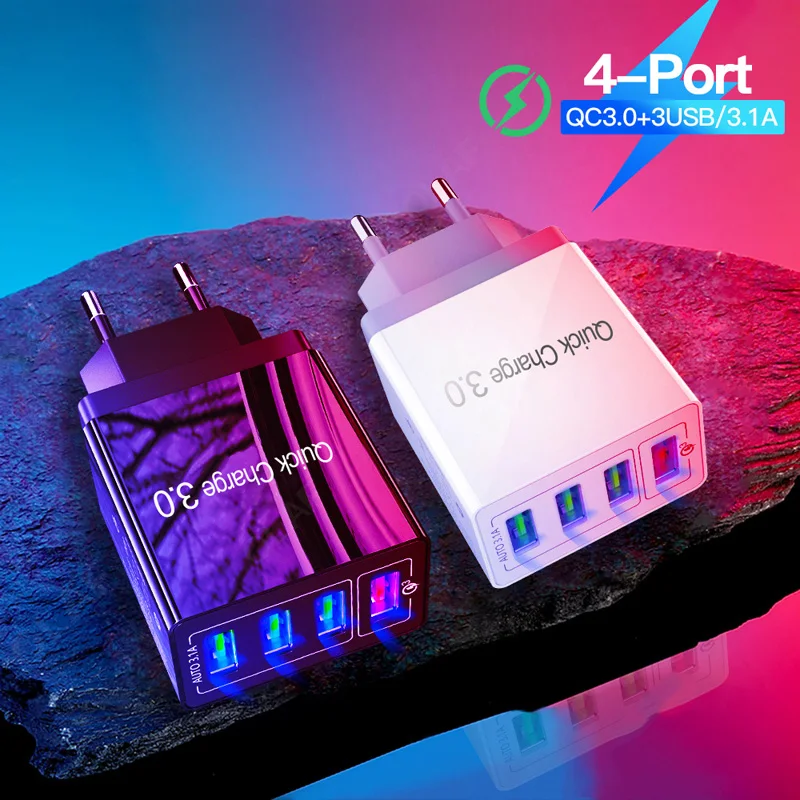 USB 여행용 고속 충전기, 4 포트, QC 3.0, 벽 충전, EU/US, 아이폰 15, 14, 13, 12, 삼성, 샤오미 플러그 충전 어댑터