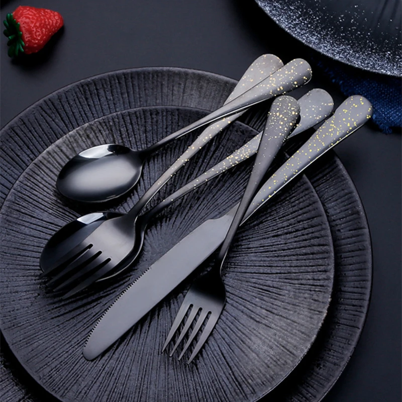 Black Steak Knife Fork Spoon Home Western Tableware Stainless Steel Cutlery Set Teaspoon Dessert Tools Kitchen Utensils