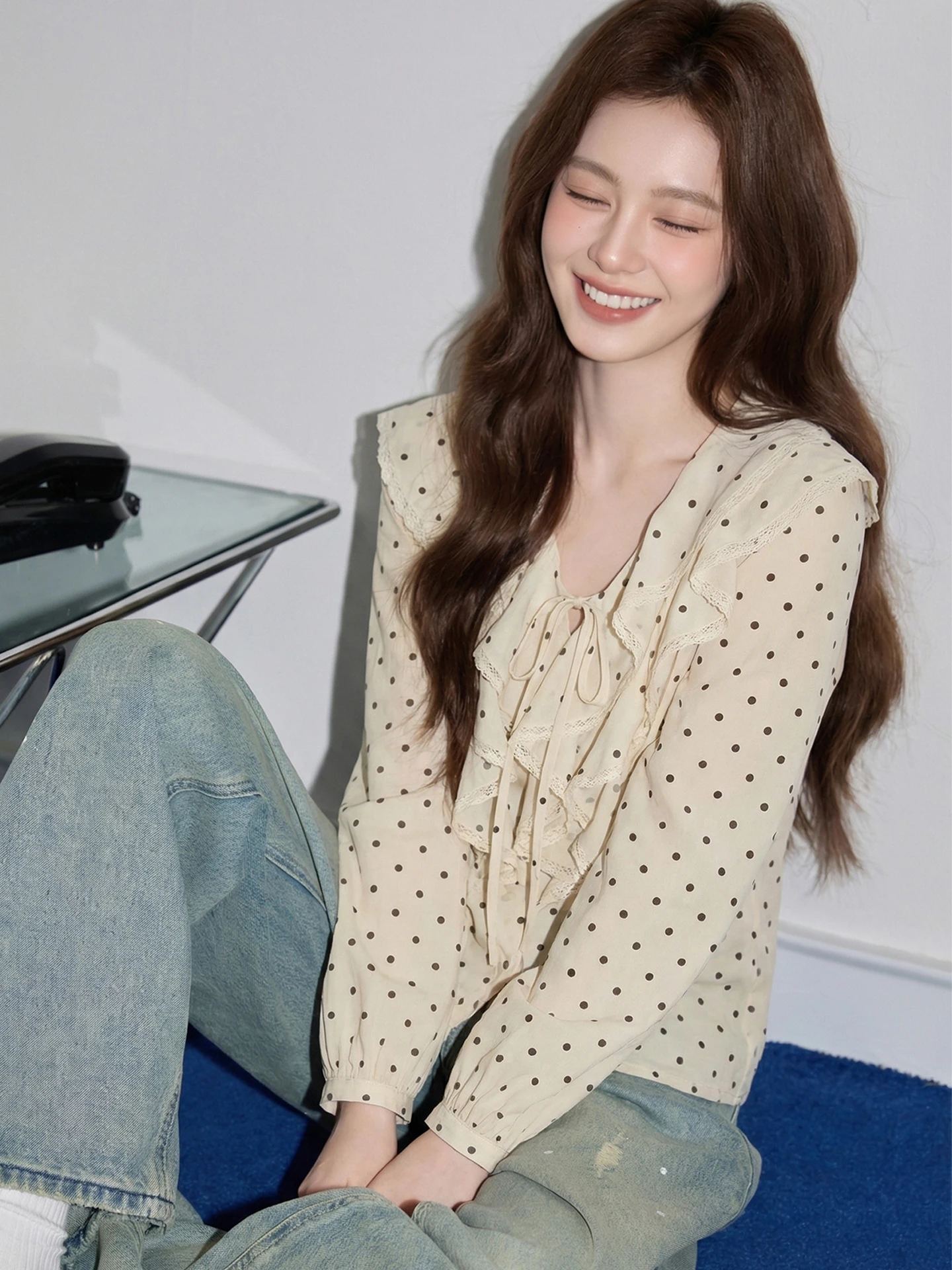 

Spring New Design Dot Pattern Lantern Sve V-ne Women's irt Floral French Sle Loose Fit Long Sve Top