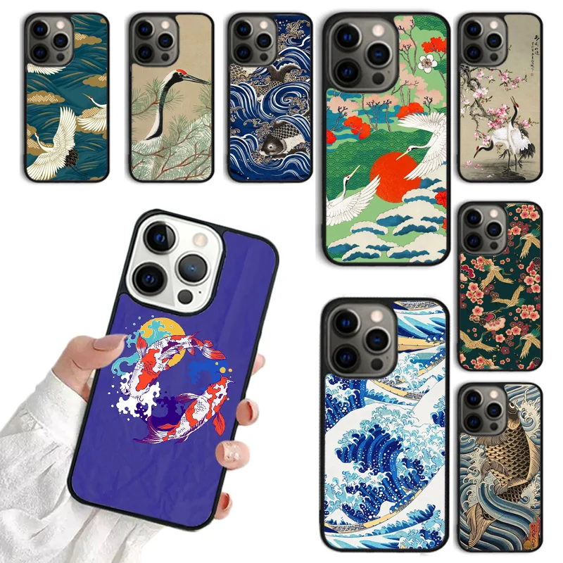 Carp Waves Crane and Brocade Pattern Phone Case For iPhone 16 15 14 plus 11 12 13 Pro  XR XS Max coque Cover Shell