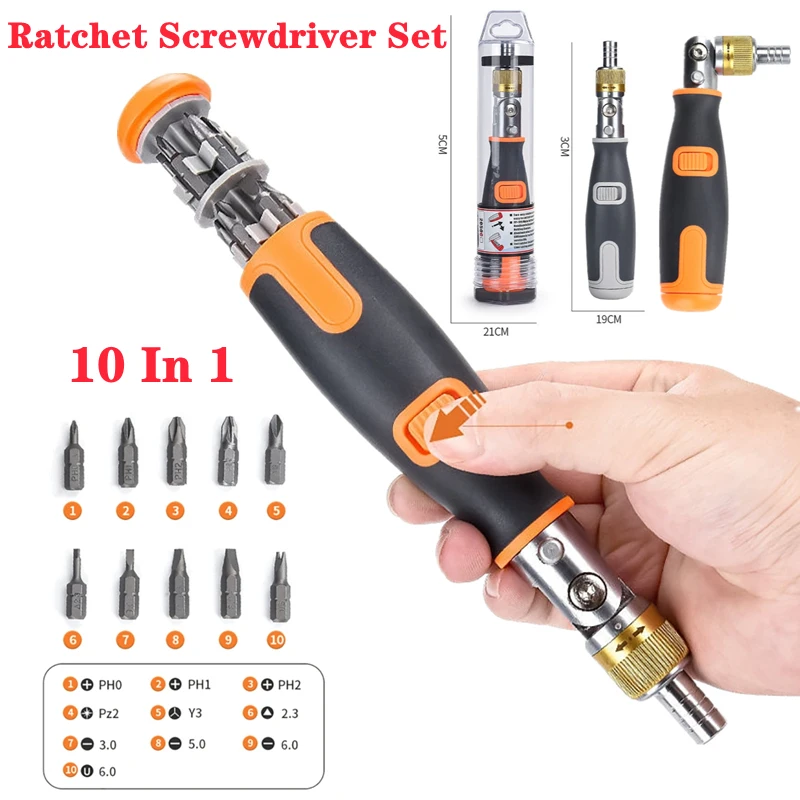 10 In 1 Ratchet Screwdriver S2 Alloy Steel Compact 190*30mm Multi-Angle Screwdriver Professional Portable Hardware Hand Tools