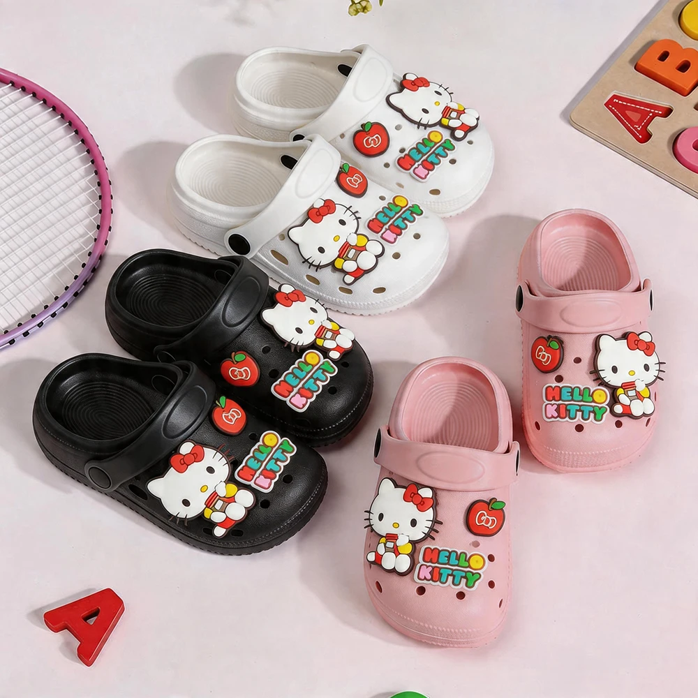 Summer Hello Kitty Cartoon Kids Slippers Cute Lightweight Breathable Black/Pink/White EVA Hole Shoes Sandals for Girls