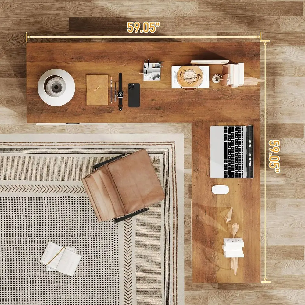 59 L-Shaped Executive Desk with File Drawers, Sturdy Wood Writing Workstation with Storage, Rustic Computer Desk for Home Office