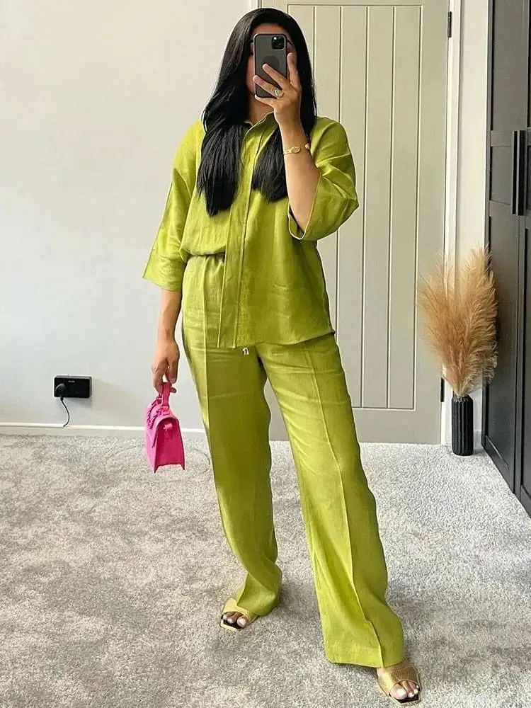 Setelan Wanita Baru Musim Semi dan Musim Panas 2025 Atasan Kemeja Lengan 3/4 Longgar + Celana Kaki Lebar Setelan 2 Potong Pakaian Warna Solid Kasual