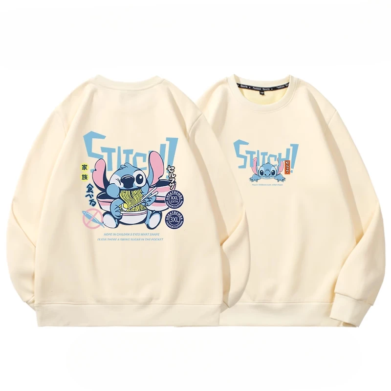 Disney Stitch Eat Noodle Cartoon Anime Round Neck Sweatshirt Casual Pullover Couple's Costume Harajuku Kawaii Clothes