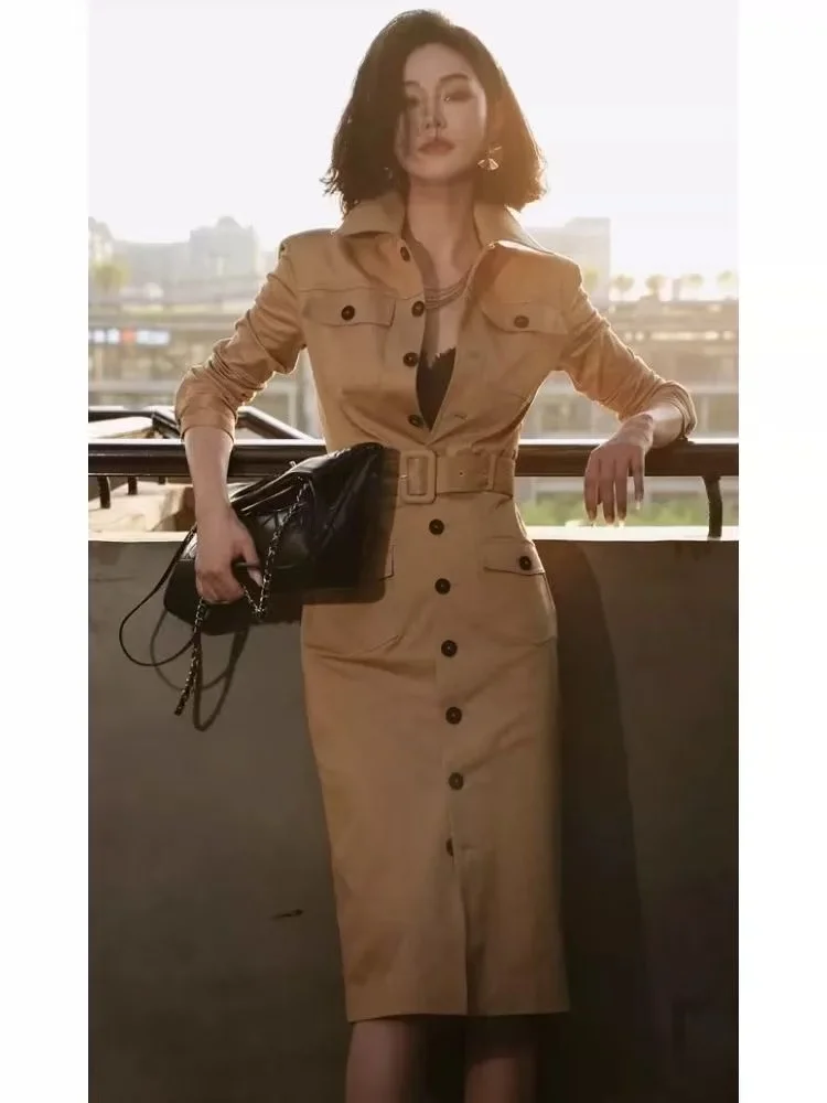 فستان بولو RAIN YAN LIN بقصة ضيقة بلون سادة وأكمام طويلة على الطراز البريطاني للنساء، فستان أنيق للتنقل في الربيع