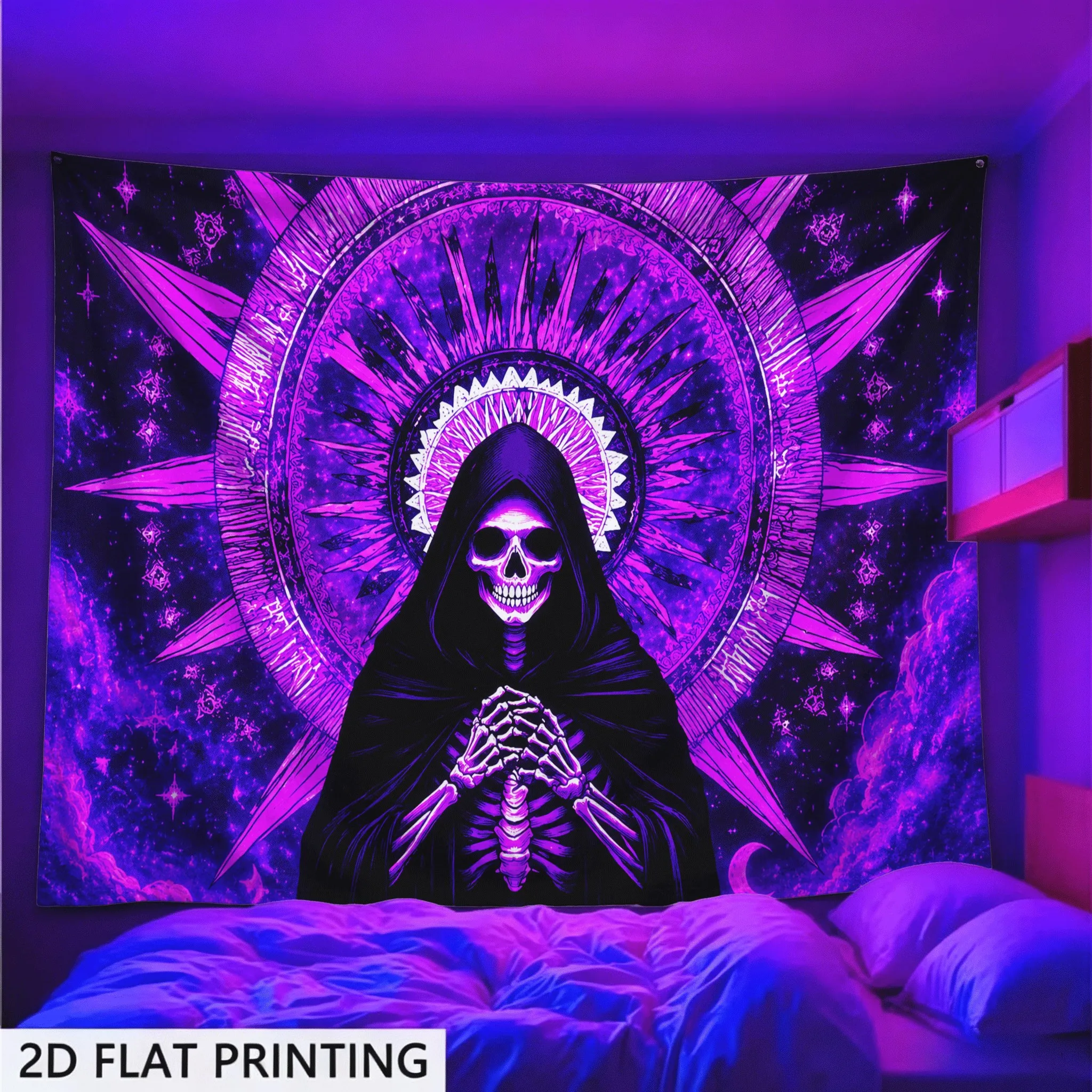Vibrant Purple Cosmic Skull Tarot Mandala Tapestry Boho Wall Hanging Decoration Polyester Print for Witchy Gothic Psychedelic Be