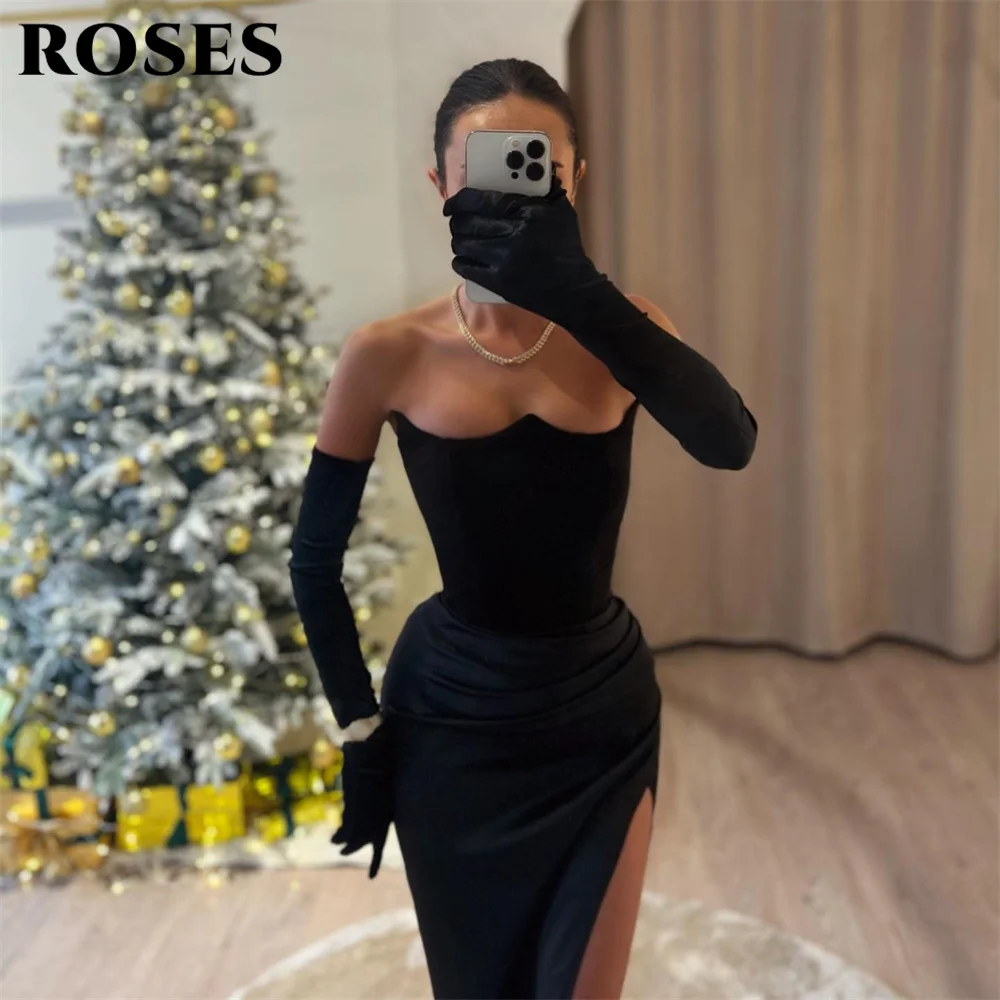 ROSES-Side Split Black Mermaid Prom Dress para mulheres, Vestido de noiva querido, Vestidos de baile formais de mancha escura