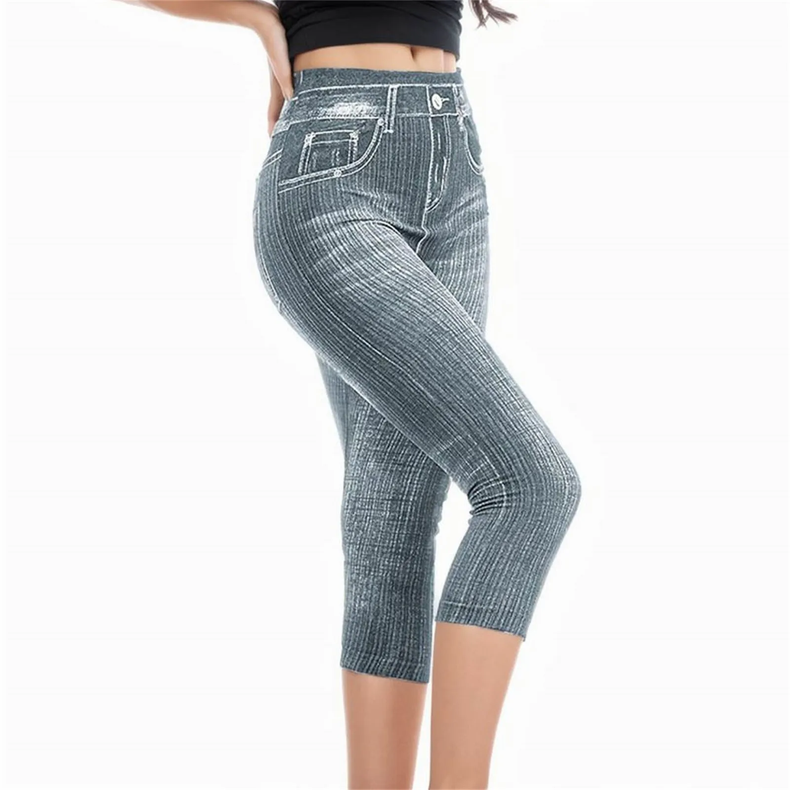 Women'S Cropped Pants Stretch Fitness Fake Pockets High Waist Butt-Lifted Faux Denim Jeans Soft Casual Thin Pencil Pants