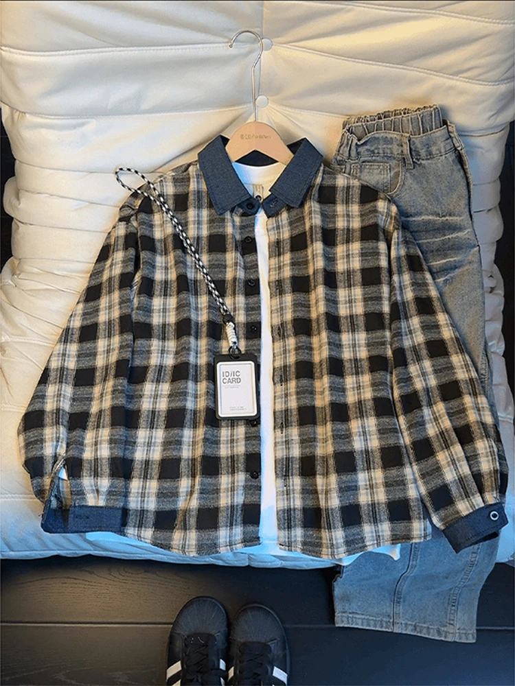 

Cleanfit Plaid Long Sve Casual irt Men's Spring American Splicing Denim Collar Color Blo Denim Collar Couple's Jaet