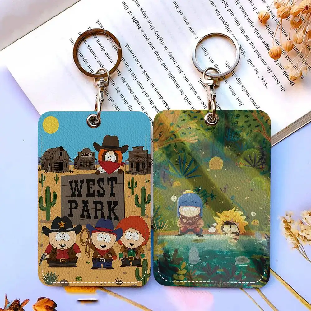 Funny Cartoon S-South P-Park 1Pc PU Leather Card Holder Keychain Key Ring Door Lock Access Tags ID Card Case Keychain Card