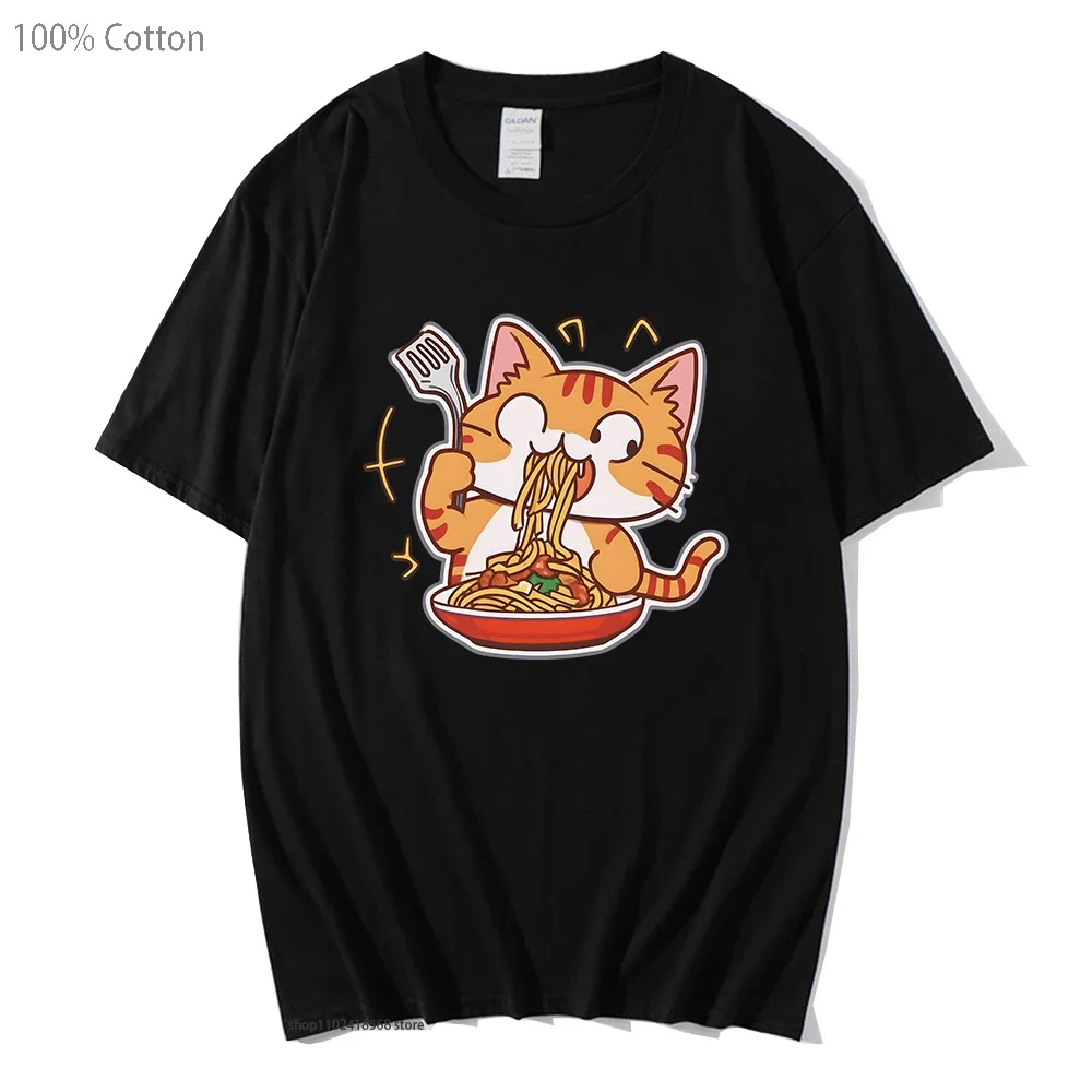 

Cat Eating Spaghetti T-Shirts Girls Women Cute Cats Design Tshirt Y2k Clothes Kawaii Streetwear Men Print 100%Cooton Cartoon Top