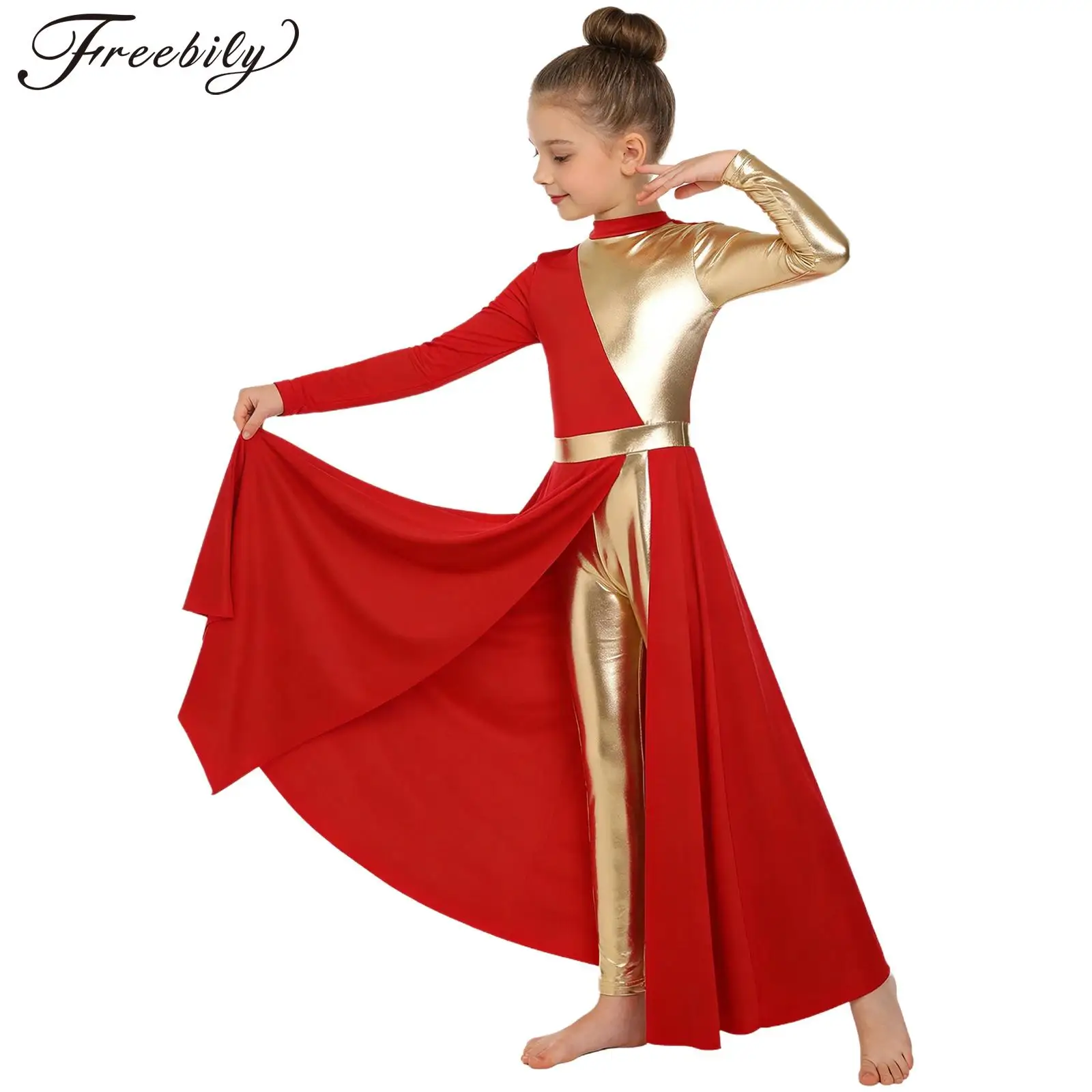 

Детское платье-туника для девочек для литургических танцев, хоровых выступлений, балета, лирических танцев, с длинным рукавом, металлическое, с эффектом леотарда