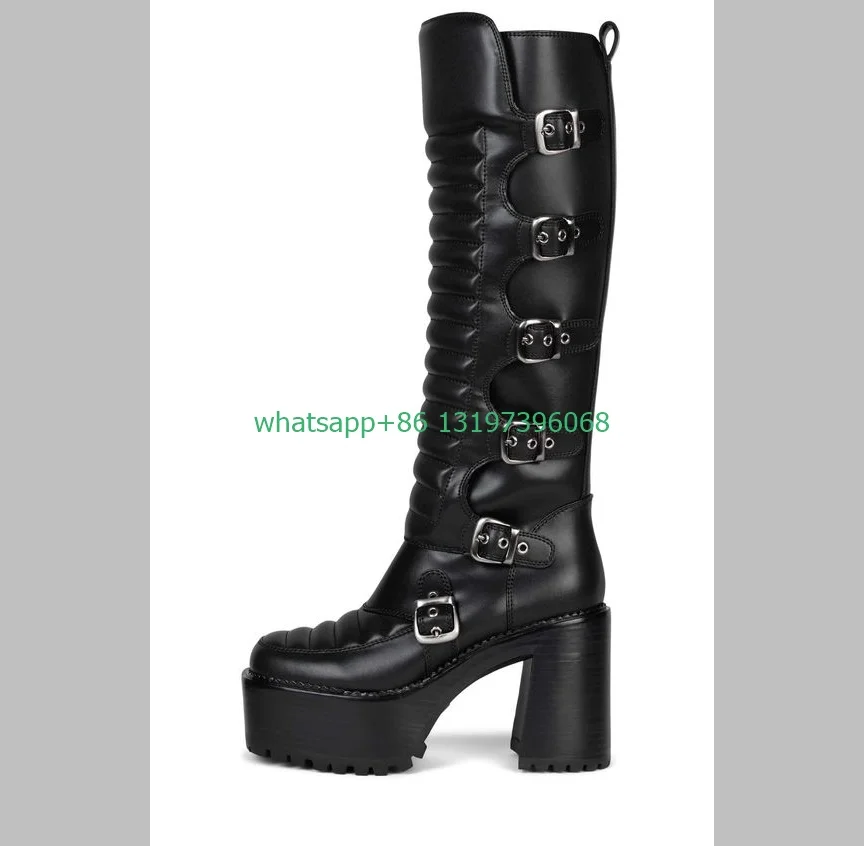 Lady black punk style platform knee boots muti-buckle strap PU boots causal runway daily high heels boots vintage retro boots 46