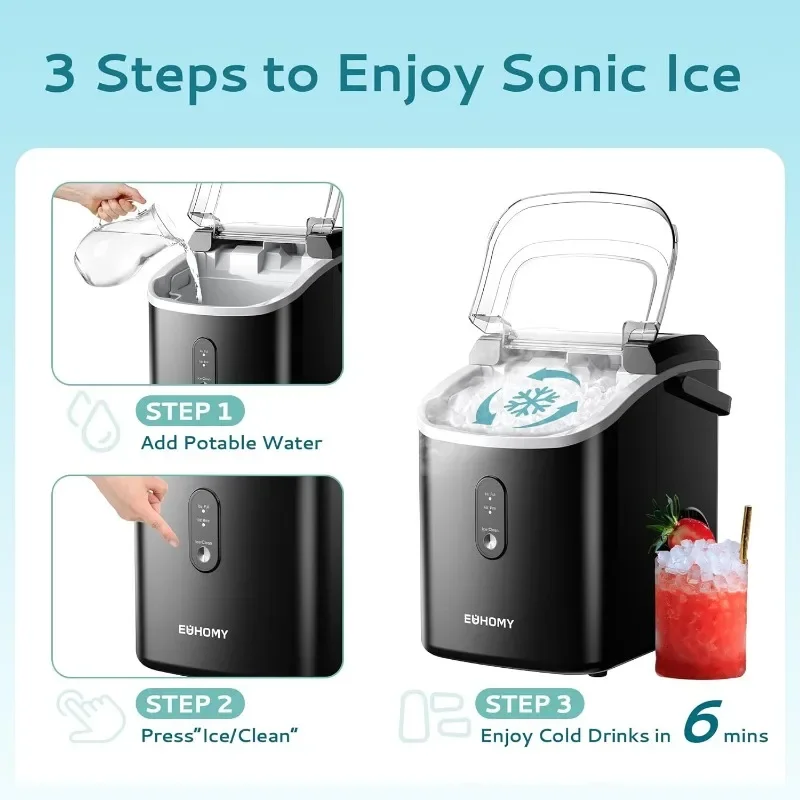 EUHOMY Nugget Ice Maker Countertop with Handle, Ready in 6 Mins, 34lbs/24H, Removable Top Cover, Portable Pebble Ice Maker