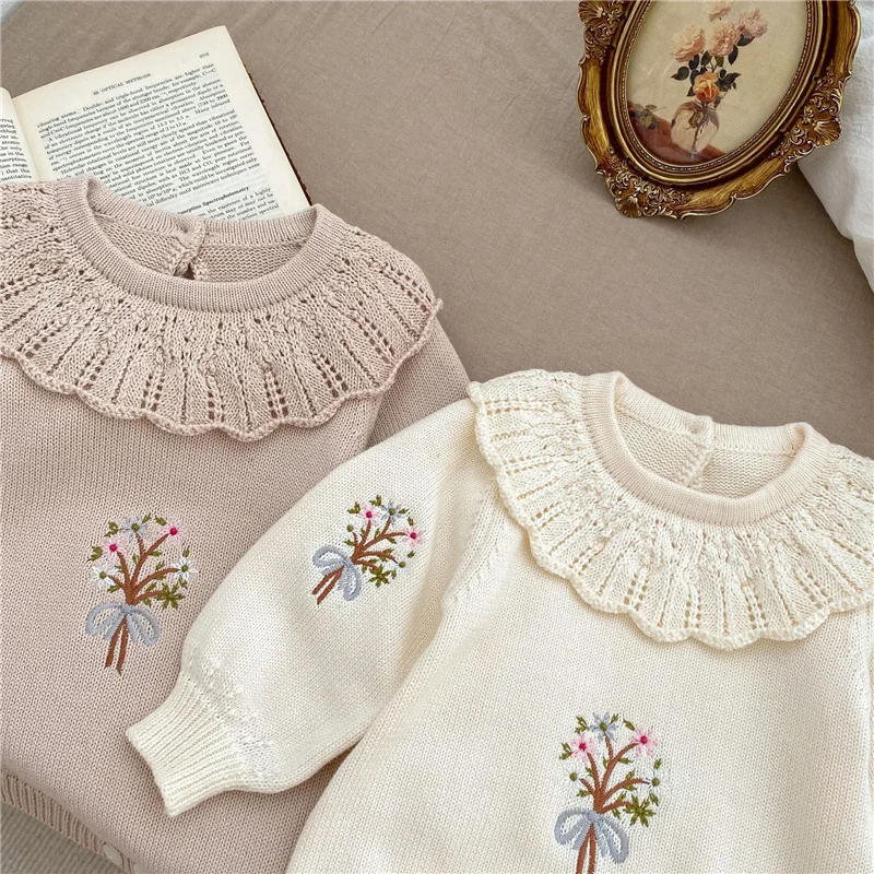 Knitted Baby Clothes Newborn Autumn Winter Baby Girl Sweater Romper Embroidery Ruffle Baby Romper Sweater Girl Toddler Jumpsuit