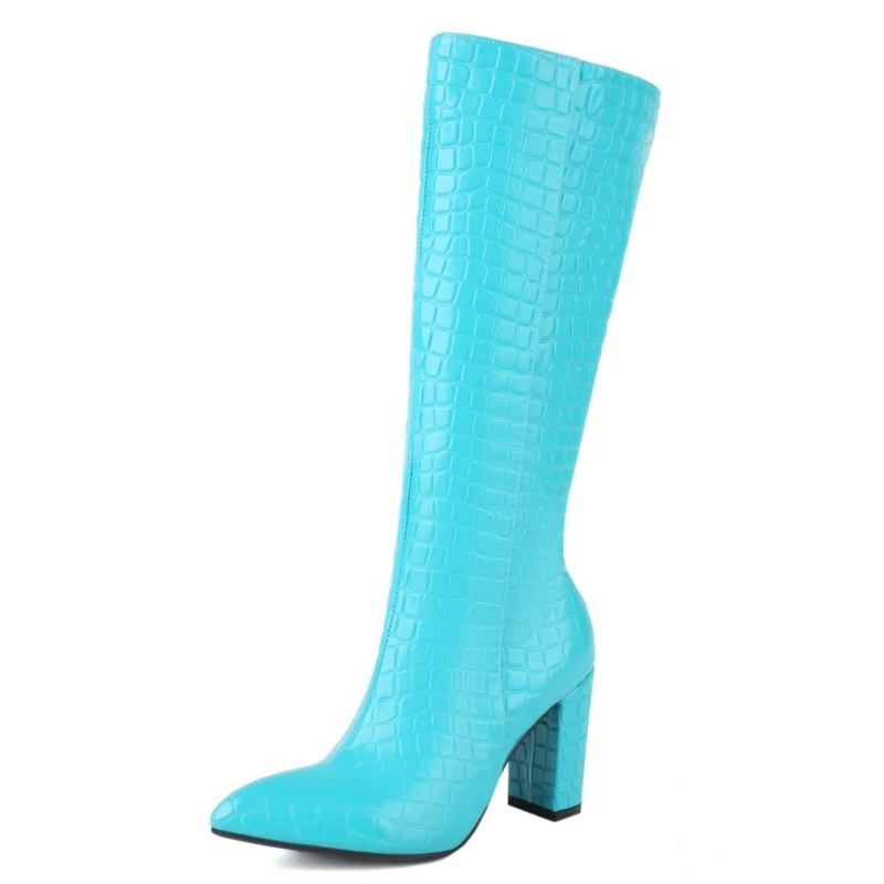 

Women's Cowboy Knee High Boots Snake Pink Red Blue Heeled Long Boot Female Large Size Autumn Winter Party Shoes Ladies Footwear