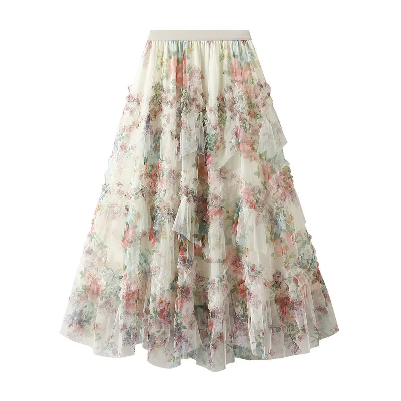 New In 2025 Women's Spring Summer Flower Tulle Midi Long Skirts French Chic Style Elegant High Waist Beautiful Skirts