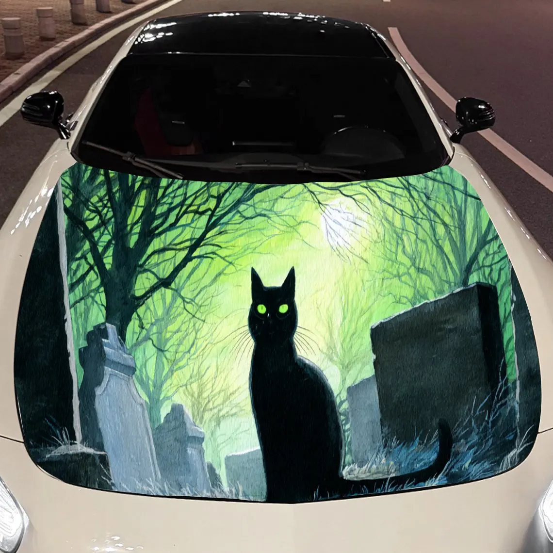 

eerie Graveyard Black Cat Car Hood Vinyl Stickers Car Surface Protection Decal Car Decoration Cover Vinyl Wraps Waterproof Self-