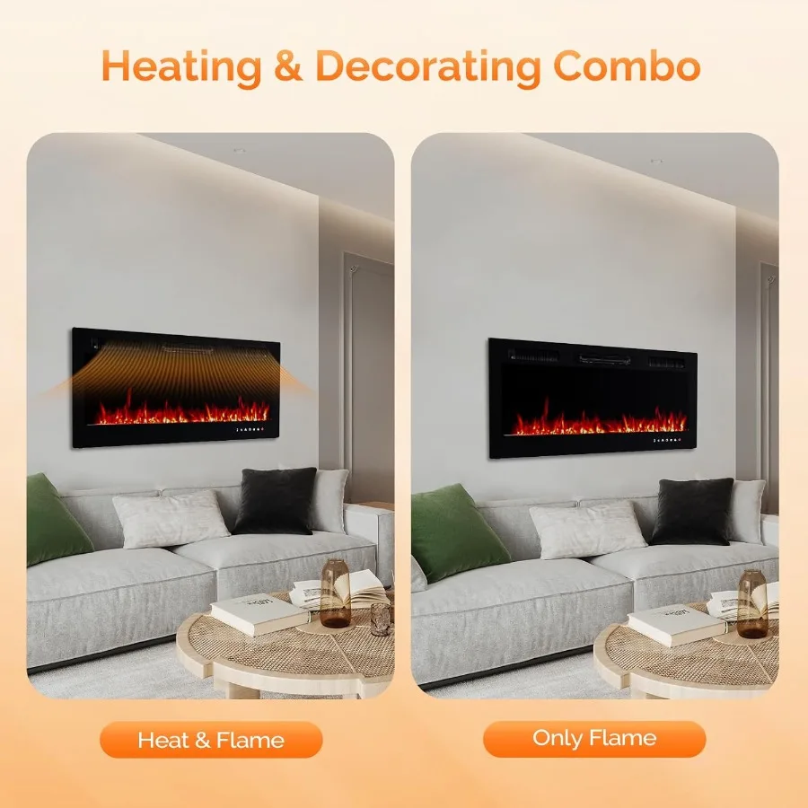 42 Electric Fireplace Wall-Mounted Inserts Fireplace Heater with Remote WiFi Control 12 Adjustable Flame Colors Log Crystal Set