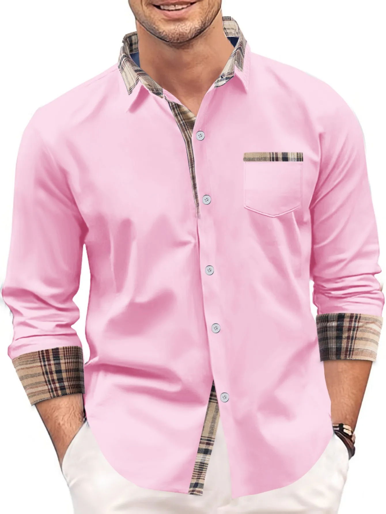 2024 New Summer Fashion Men\'s Color Matching Business Slim Casual Long-Sleeved Shirt