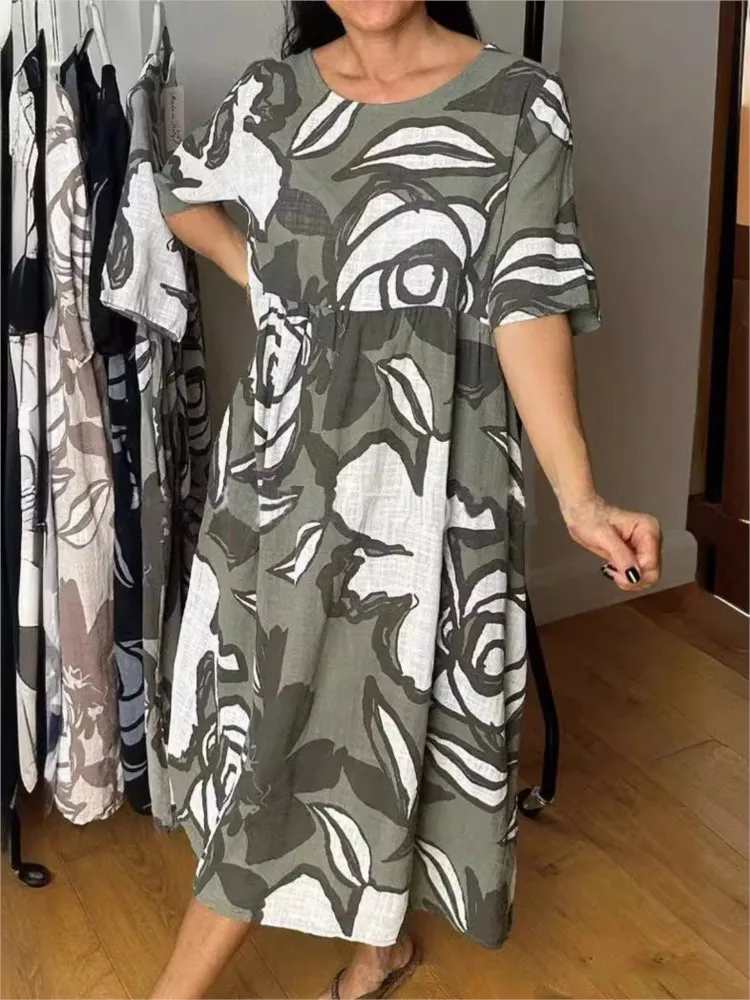 فساتين صيفية جديدة مطبوعة بألوان جديدة لعام 2025 مع فستان فضفاض غير رسمي وعصري متوسط الطول فوق الركبة