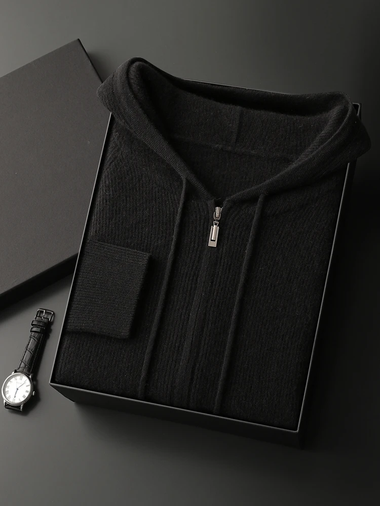 Men's 100% Cashmere Hoodie Sweater Thick Zipper Cardigan Smart Casual Soft Warm High Quaity Autumn Winter Knitted Coat Top