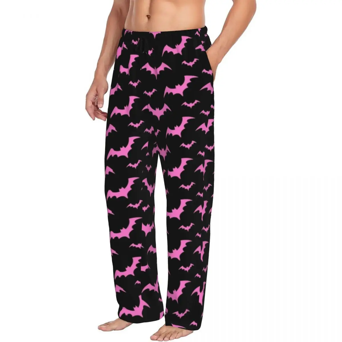 Custom Pink Spooky Bats Halloween Pattern Pajama Pants Men Sleepwear Lounge Sleep Bottoms Stretch with Pockets