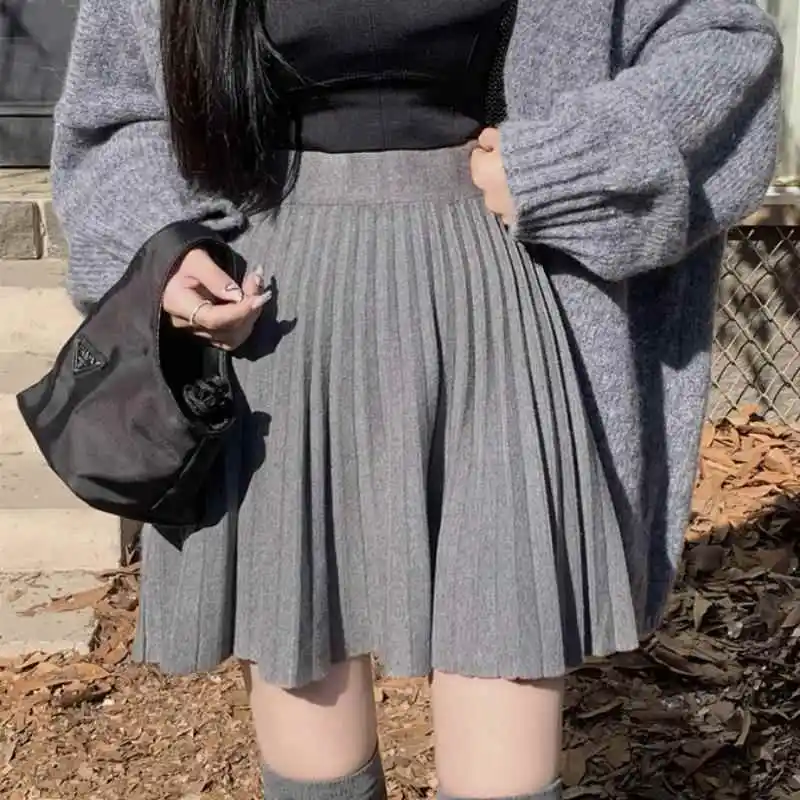

High Waist A-Line Knitted Pleated Skirt Women's Autumn Winter Fashion Slimming Design Versatile Short Skirt
