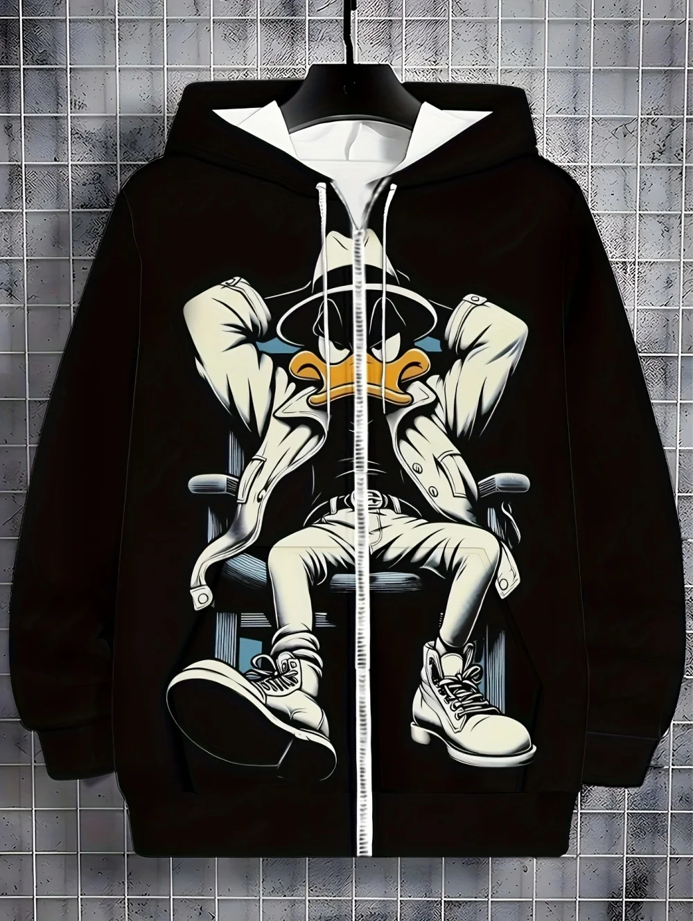 Sweat à capuche à manches longues pour hommes, imprimé canard artistique, fermeture éclair, poches à cordon de serrage, personnalité drôle, vêtements surdimensionnés