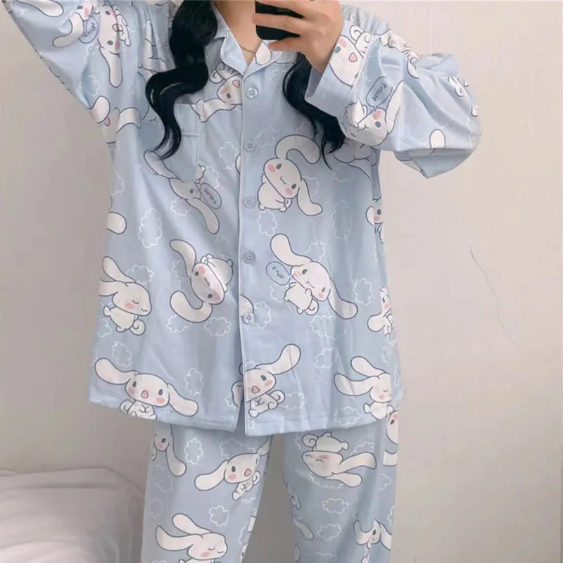 Sanrio Cinnamoroll Cartoon Women\'s Pajama Y2k Cute Fashion Sleepwear Set Woman 2 Piece Long Sleeve Home Suit For Female 2023 New