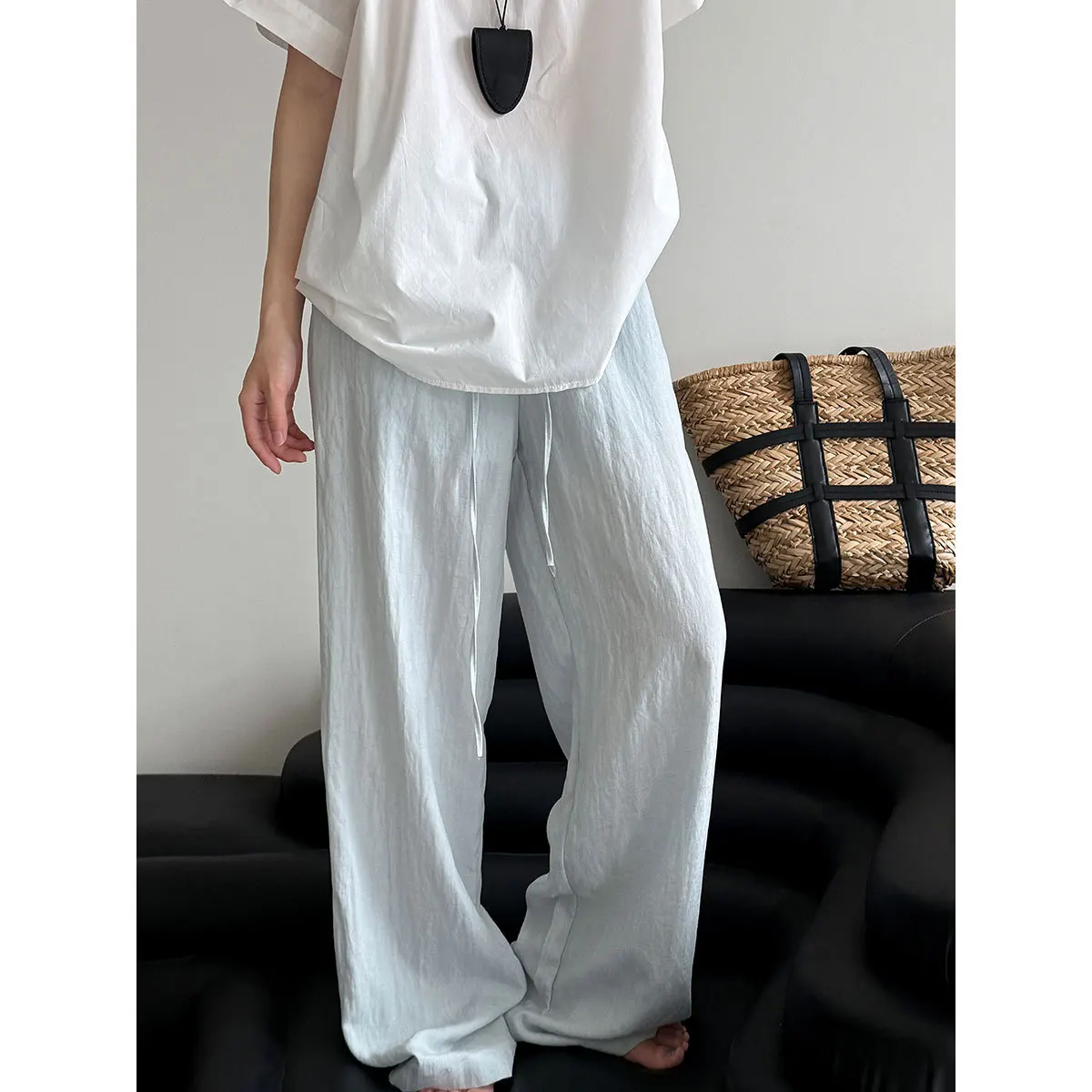 กางเกงขายาวผ้าลินินเอวยางยืดทรงหลวมขากว้างสำหรับผู้หญิง กางเกงลำลองใส่สบายเบาและเย็นสำหรับฤดูร้อน
